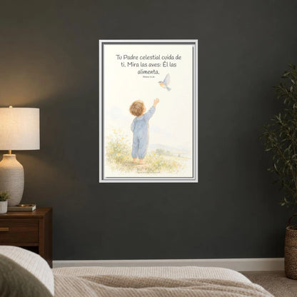 Tu Padre celestial cuida de mí — Lienzo Cristiano Enmarcado | Mateo 6:26 — 16×24 pulgadas, marco blanco, vista frontal ambiental, escala física calibrada