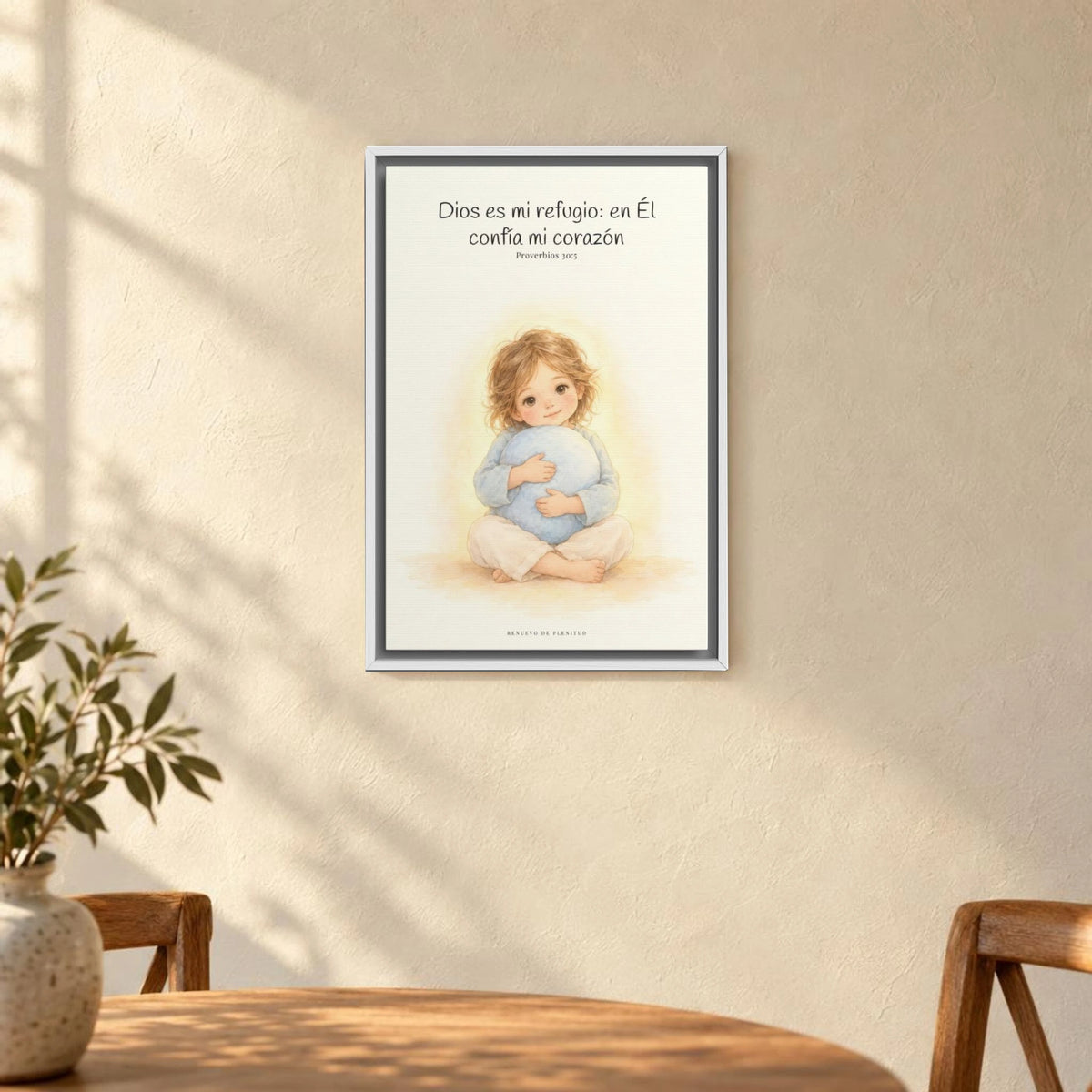 En Dios encuentro mi refugio | Cuadro bíblico para el hogar | Proverbios 30:5 — 16×24 pulgadas, marco blanco, vista frontal ambiental, escala física calibrada