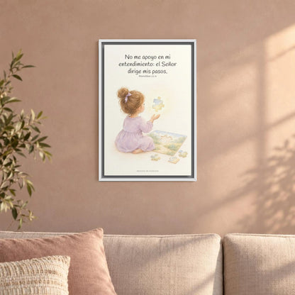 El Señor dirige mis pasos | Decoración cristiana enmarcada | Proverbios 3:5-6 — 16×24 pulgadas, marco blanco, vista frontal ambiental, escala física calibrada