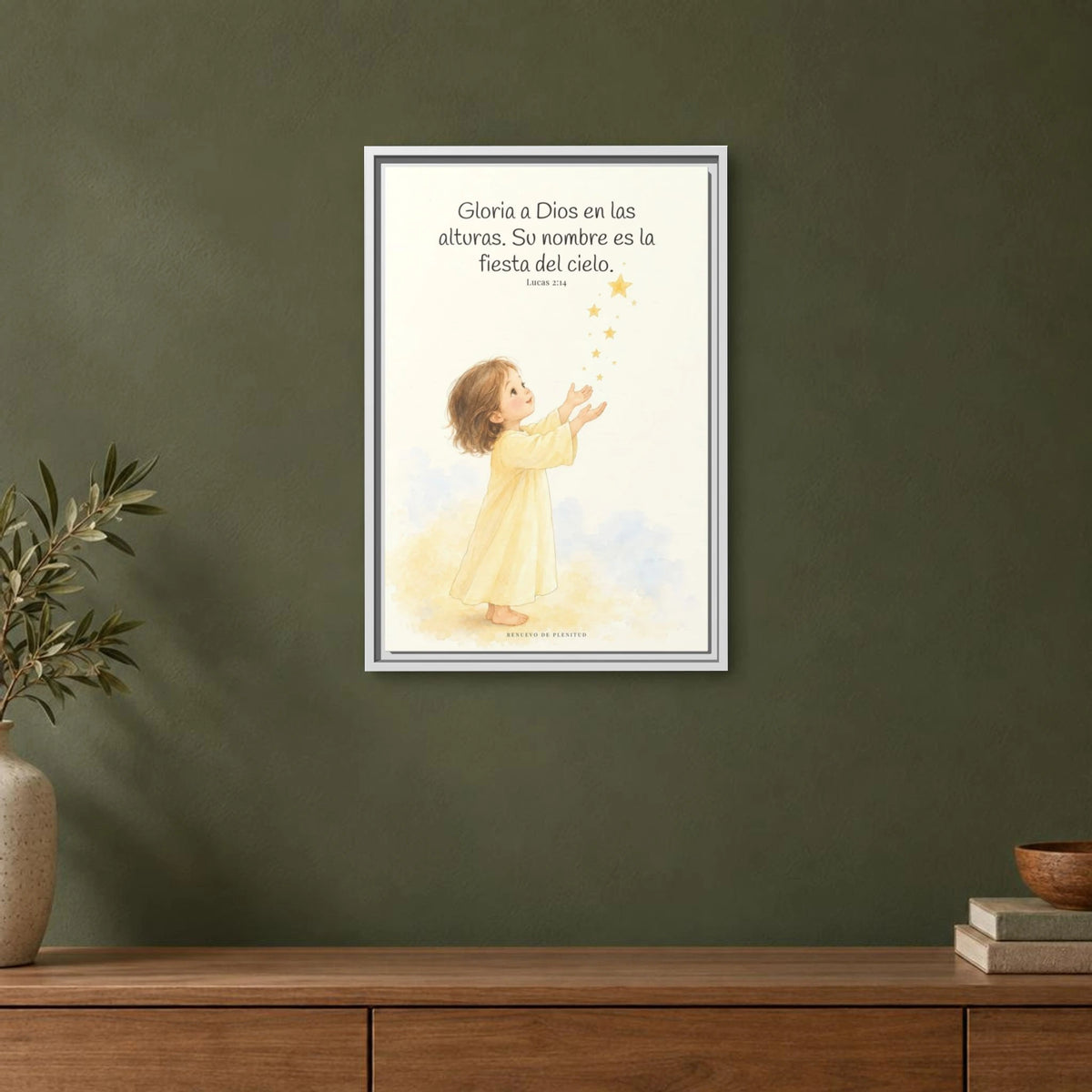 El cielo entero da gloria a Dios | Decoración de fe para pared | Lucas 2:14 — 16×24 pulgadas, marco blanco, vista frontal ambiental, escala física calibrada