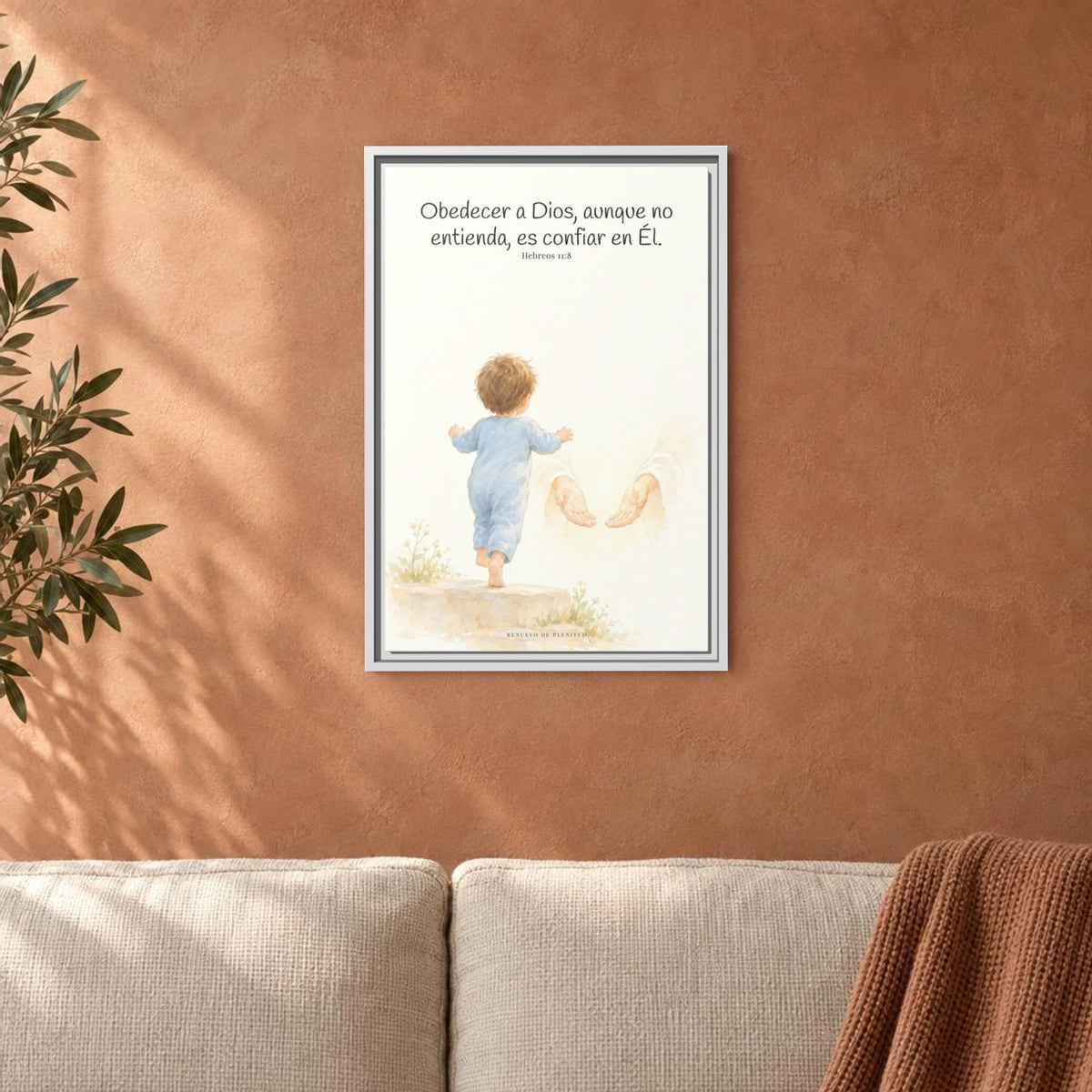 Obedecer a Dios es mi mayor valentía — Lienzo Cristiano Enmarcado | Hebreos 11:8 — 16×24 pulgadas, marco blanco, vista frontal ambiental, escala física calibrada