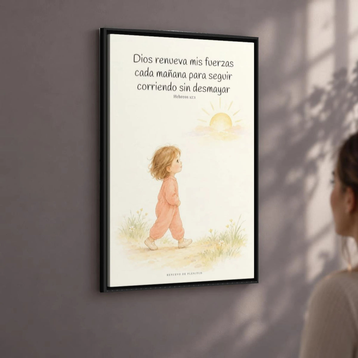Dios me da nuevas fuerzas cada mañana | Decoración de fe para pared | Hebreos 12:1 — 24×36 pulgadas, marco negro, vista angular ambiental del marco flotante, escala física calibrada