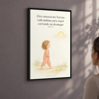 Dios me da nuevas fuerzas cada mañana | Decoración de fe para pared | Hebreos 12:1 — 24×36 pulgadas, marco negro, vista angular ambiental del marco flotante, escala física calibrada