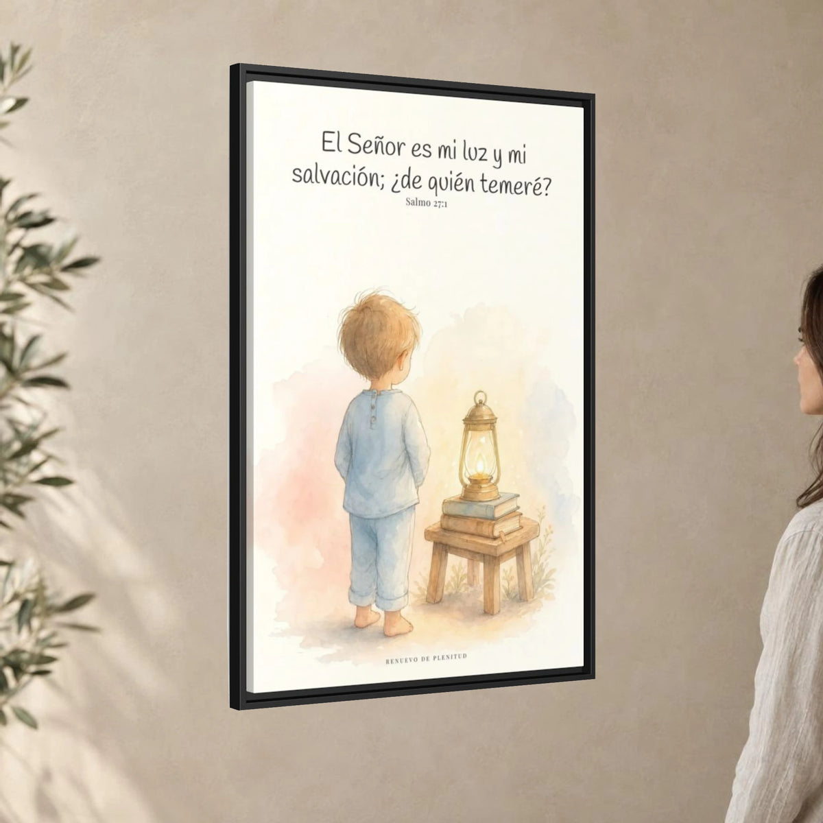 Jehová es mi luz y mi salvación — Lienzo Cristiano Enmarcado | Salmo 27:1 — 24×36 pulgadas, marco negro, vista angular ambiental del marco flotante, escala física calibrada