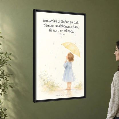 Bendeciré a Jehová en todo tiempo — Lienzo Cristiano Enmarcado | Salmo 34:1 — 24×36 pulgadas, marco negro, vista angular ambiental del marco flotante, escala física calibrada