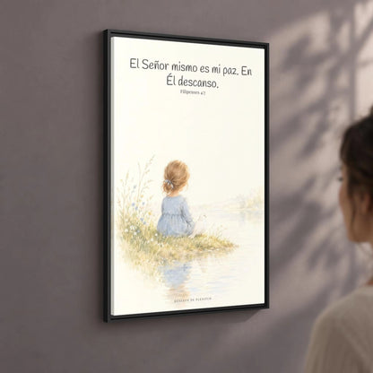 El Señor mismo es mi paz — Lienzo Cristiano Enmarcado | Filipenses 4:7 — 24×36 pulgadas, marco negro, vista angular ambiental del marco flotante, escala física calibrada
