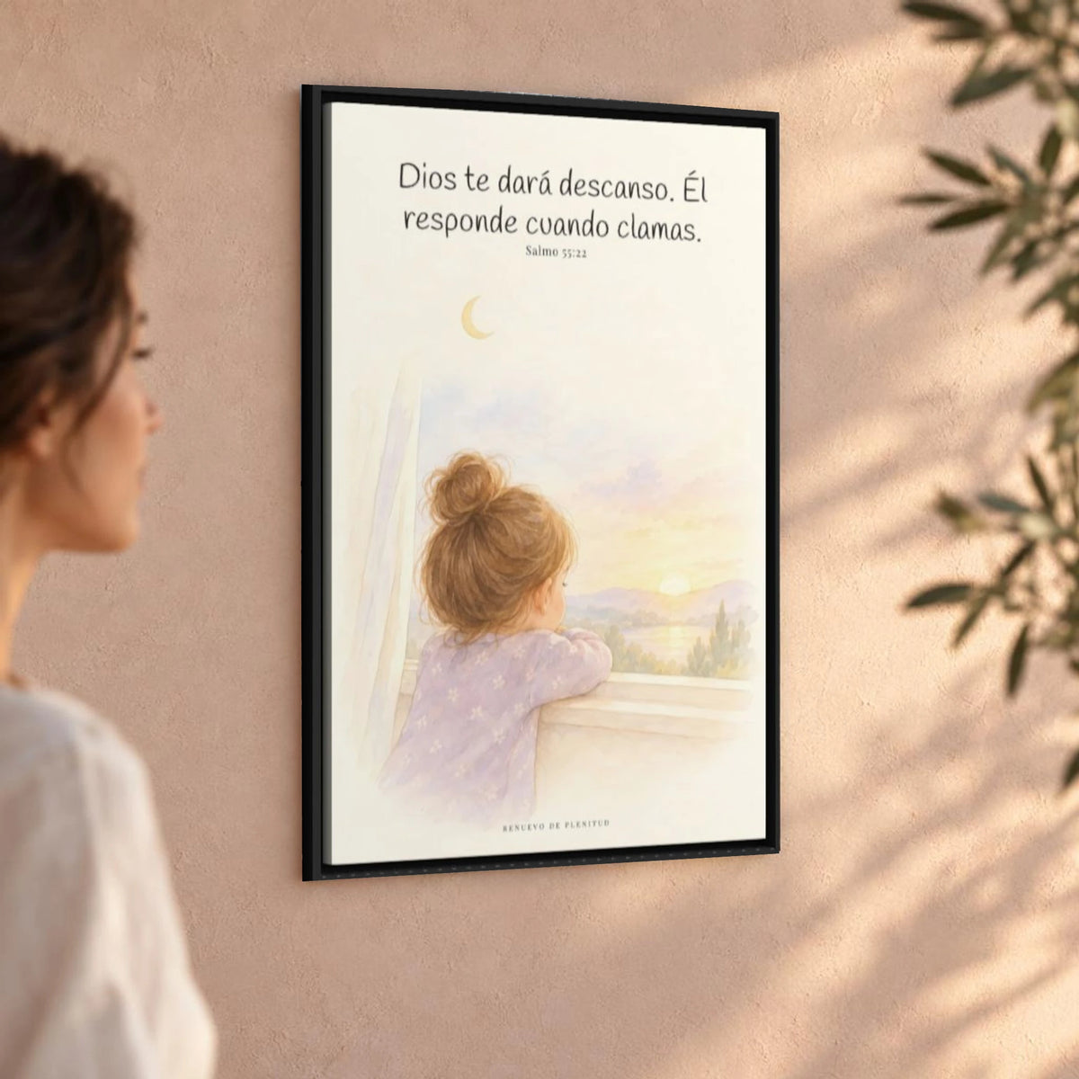 Dios te dará descanso | Cuadro cristiano enmarcado | Salmo 55:22 — 24×36 pulgadas, marco negro, vista angular ambiental del marco flotante, escala física calibrada