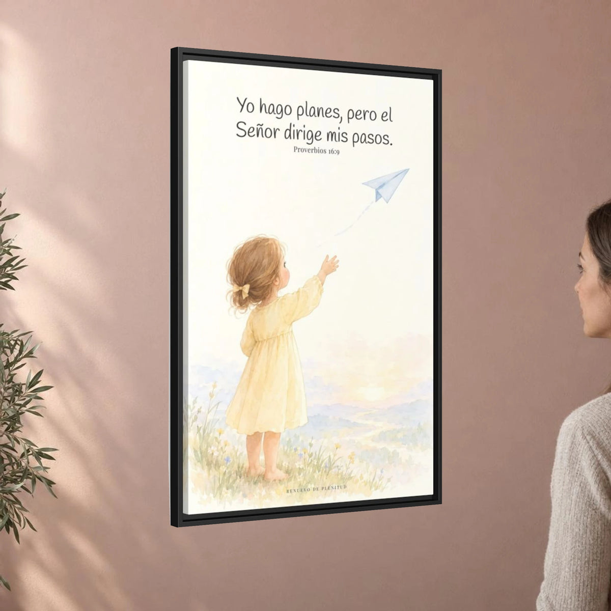 Jehová dirige mis pasos — Lienzo Cristiano Enmarcado | Proverbios 16:9 — 24×36 pulgadas, marco negro, vista angular ambiental del marco flotante, escala física calibrada