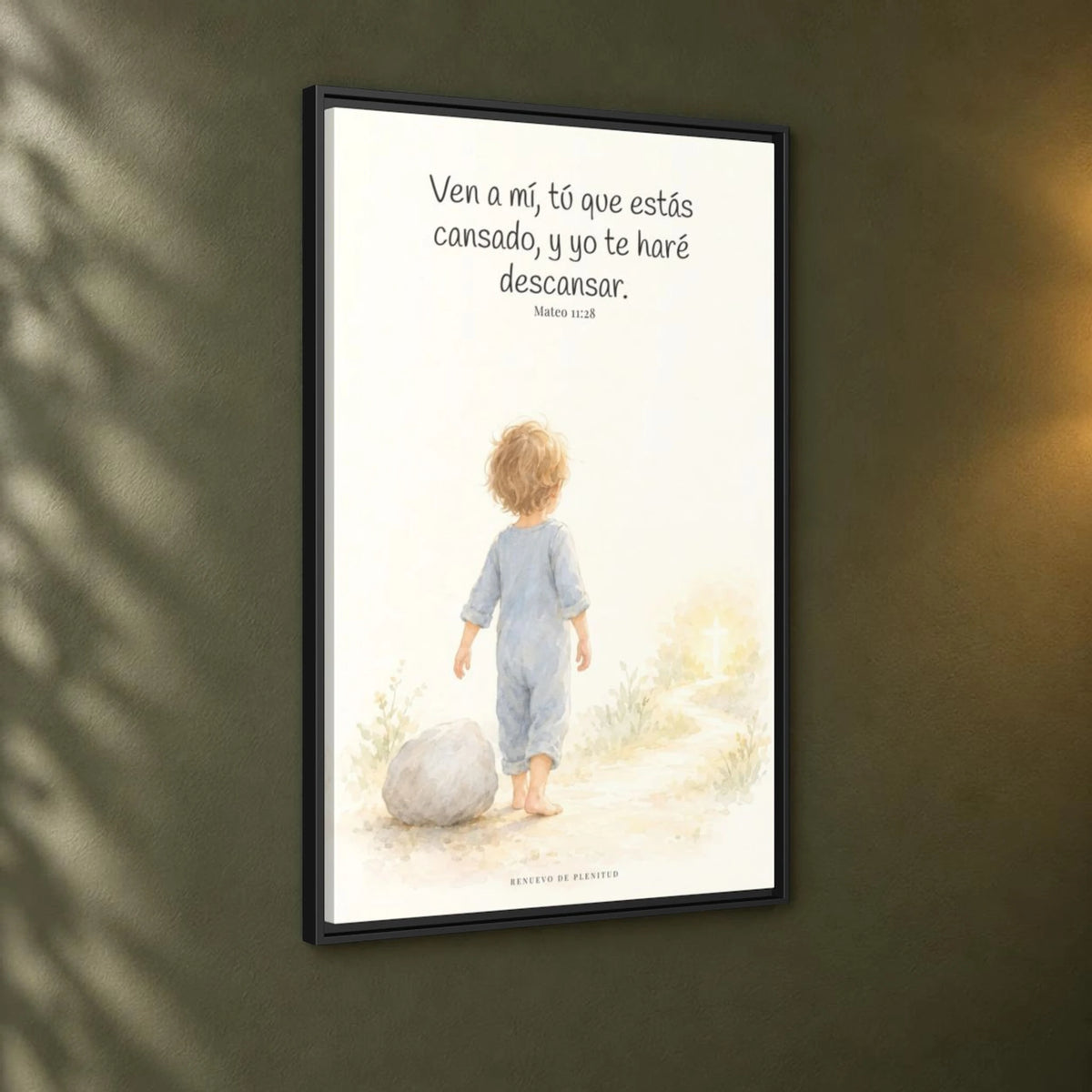 Ven a mí y yo te haré descansar — Lienzo Cristiano Enmarcado | Mateo 11:28 — 24×36 pulgadas, marco negro, vista angular ambiental del marco flotante, escala física calibrada