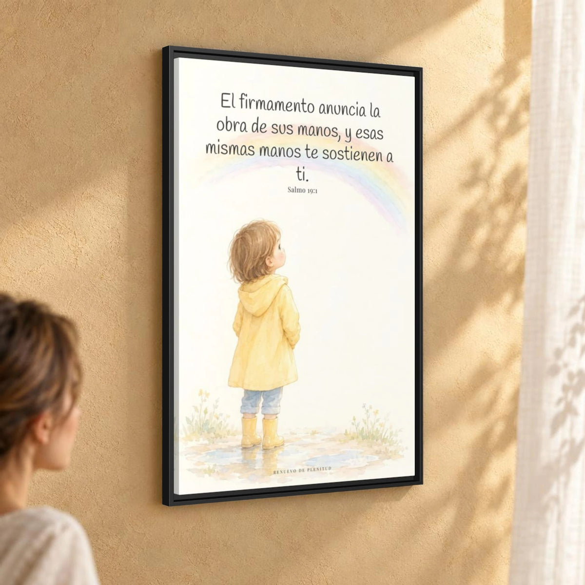 El firmamento anuncia la obra de sus manos — Lienzo Cristiano Enmarcado | Salmo 19:1 — 24×36 pulgadas, marco negro, vista angular ambiental del marco flotante, escala física calibrada