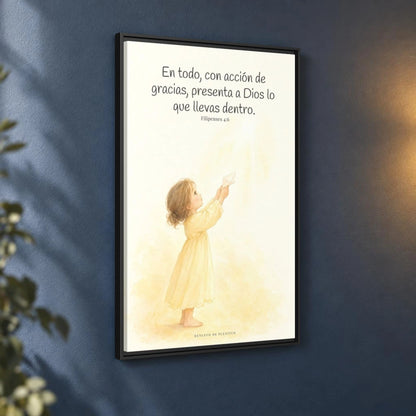Con acción de gracias, presenta todo a Dios — Lienzo Cristiano Enmarcado | Filipenses 4:6 — 24×36 pulgadas, marco negro, vista angular ambiental del marco flotante, escala física calibrada