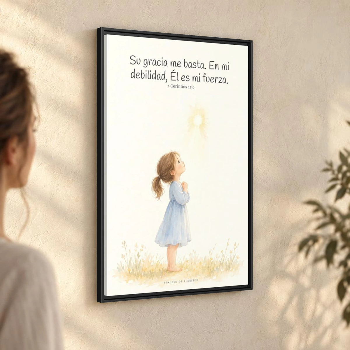 Su gracia me basta — Lienzo Cristiano Enmarcado | 2 Corintios 12:9 — 24×36 pulgadas, marco negro, vista angular ambiental del marco flotante, escala física calibrada