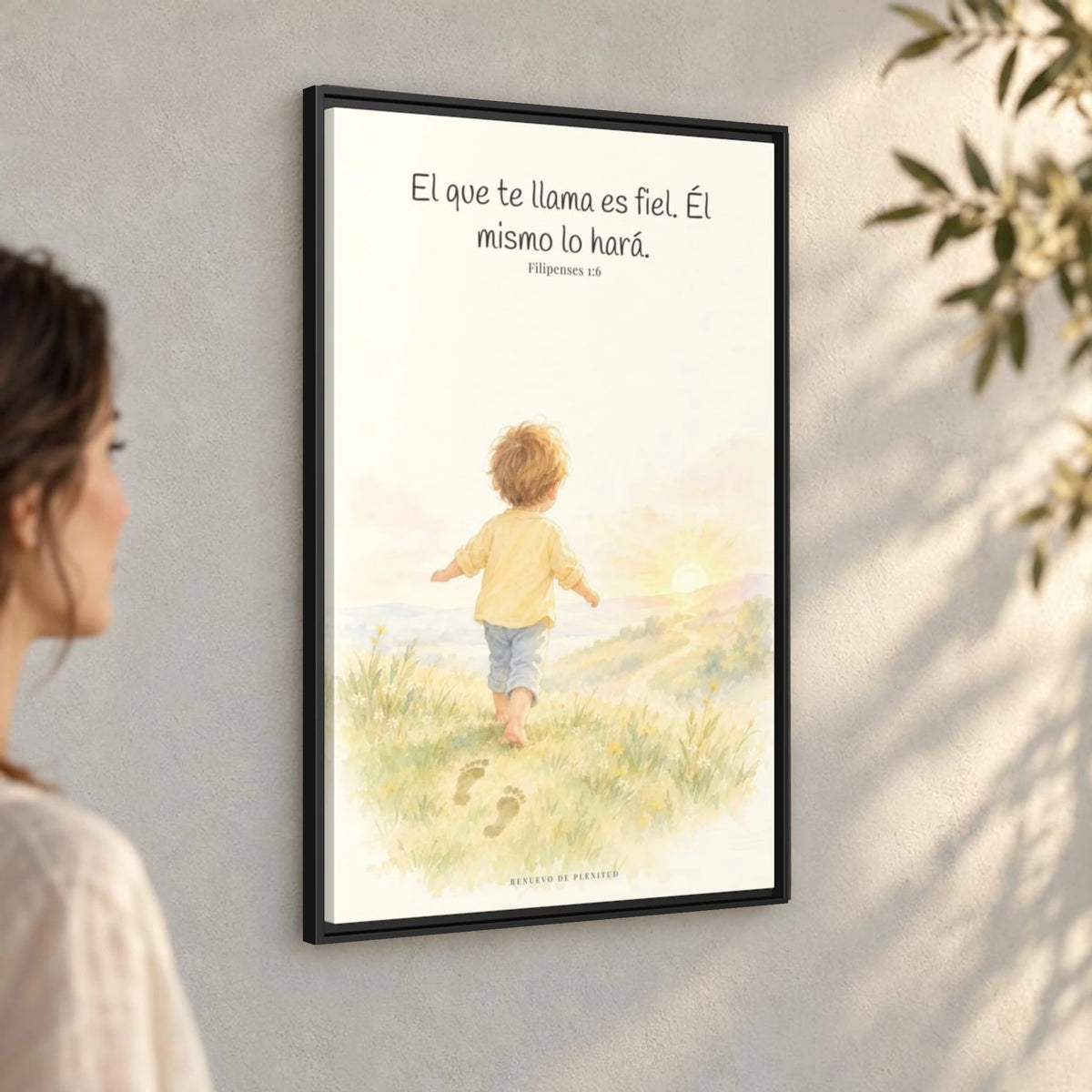 Fiel es el que os llama, el cual también lo hará — Lienzo Cristiano Enmarcado | Filipenses 1:6 — 24×36 pulgadas, marco negro, vista angular ambiental del marco flotante, escala física calibrada