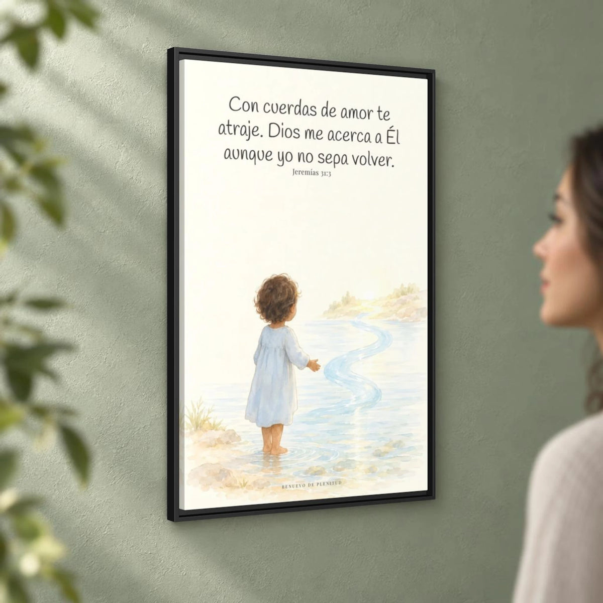 Con cuerdas de amor te atraje — Lienzo Cristiano Enmarcado | Jeremías 31:3 — 24×36 pulgadas, marco negro, vista angular ambiental del marco flotante, escala física calibrada