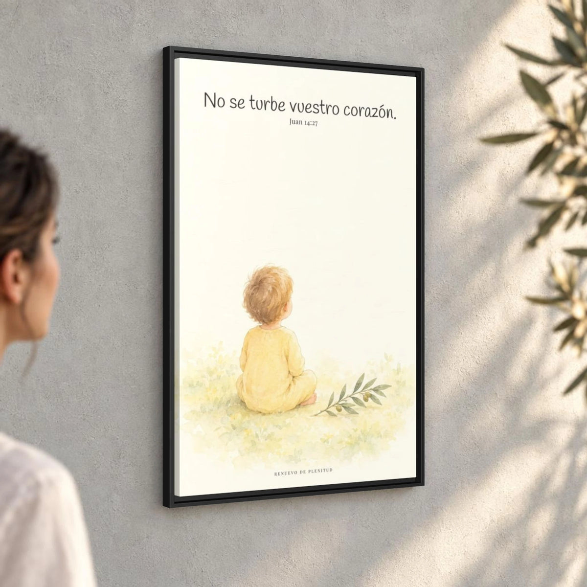 No se turbe vuestro corazón — Lienzo Cristiano Enmarcado | Juan 14:27 — 24×36 pulgadas, marco negro, vista angular ambiental del marco flotante, escala física calibrada