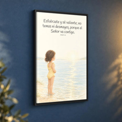 Esfuérzate y sé valiente — Lienzo Cristiano Enmarcado | Josué 1:9 — 24×36 pulgadas, marco negro, vista angular ambiental del marco flotante, escala física calibrada