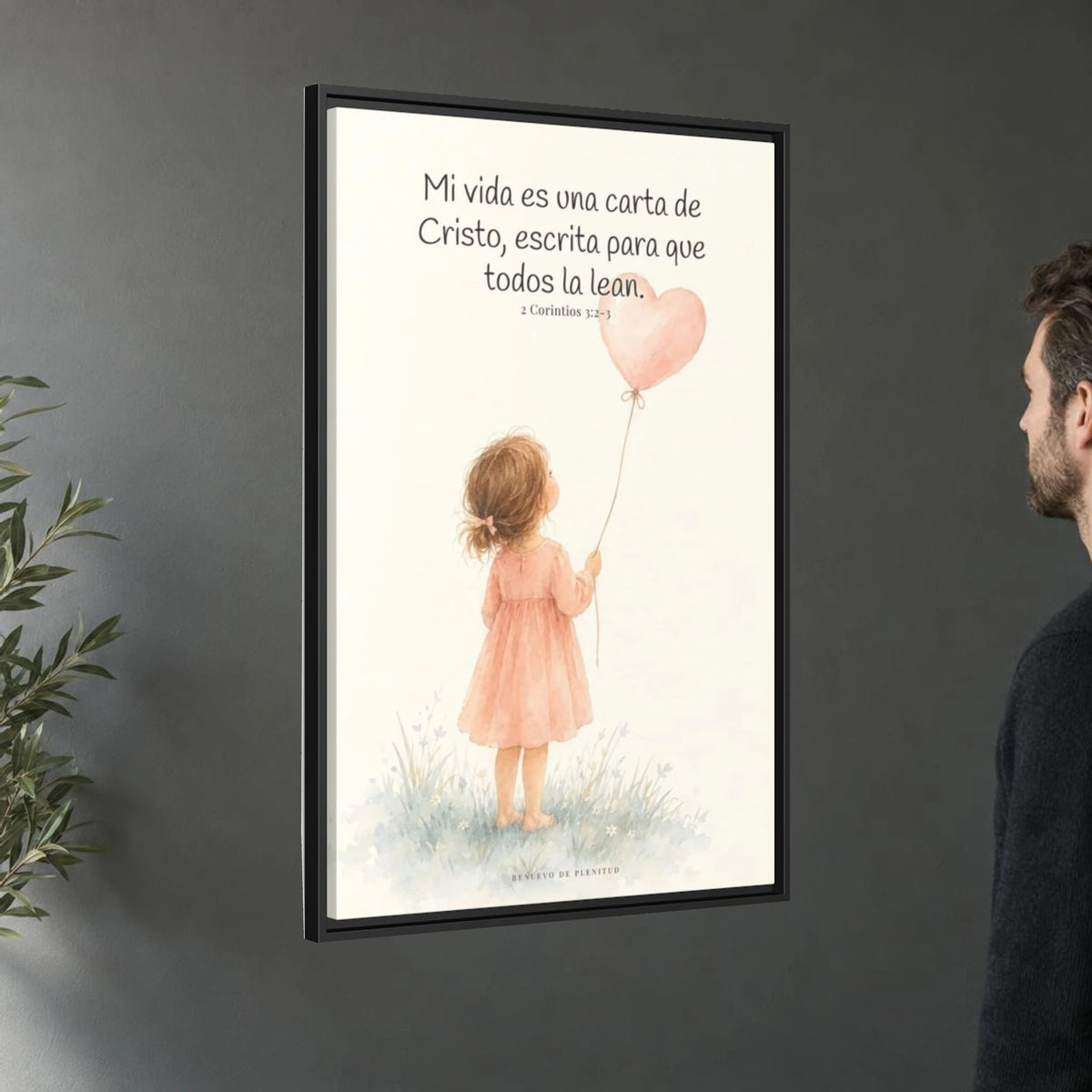 Mi vida es una carta de Cristo — Lienzo Cristiano Enmarcado | 2 Corintios 3:2-3 — 24×36 pulgadas, marco negro, vista angular ambiental del marco flotante, escala física calibrada