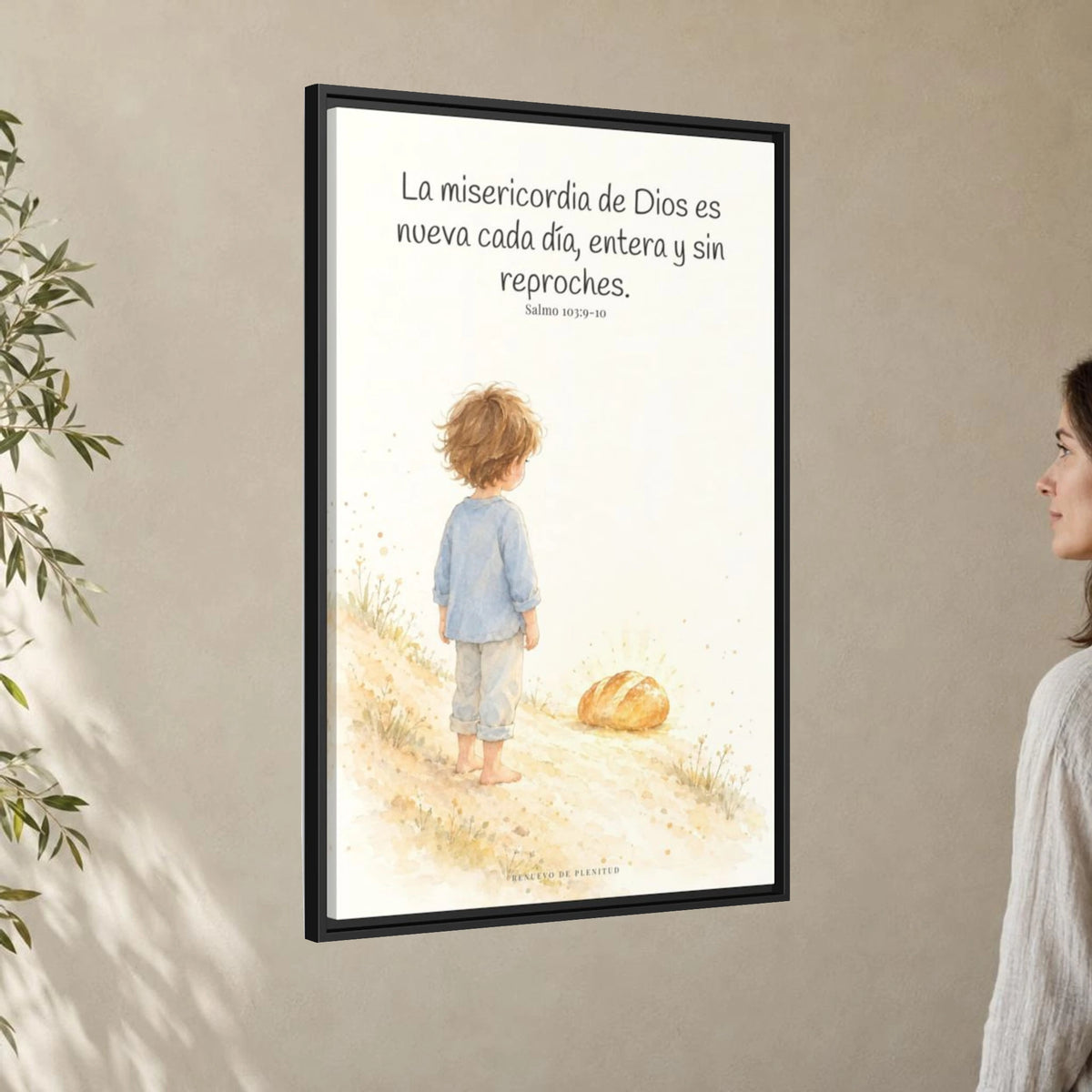 La misericordia de Dios es nueva cada día — Lienzo Cristiano Enmarcado | Salmo 103:9-10 — 24×36 pulgadas, marco negro, vista angular ambiental del marco flotante, escala física calibrada