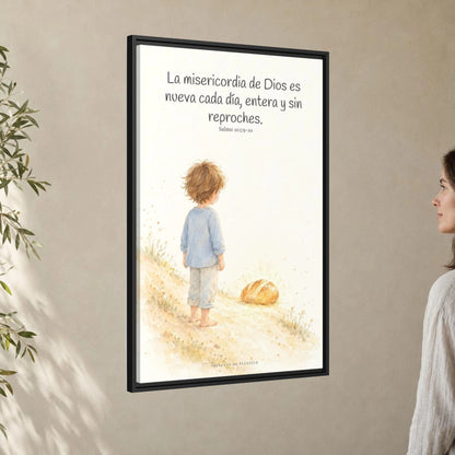 La misericordia de Dios es nueva cada día — Lienzo Cristiano Enmarcado | Salmo 103:9-10 — 24×36 pulgadas, marco negro, vista angular ambiental del marco flotante, escala física calibrada