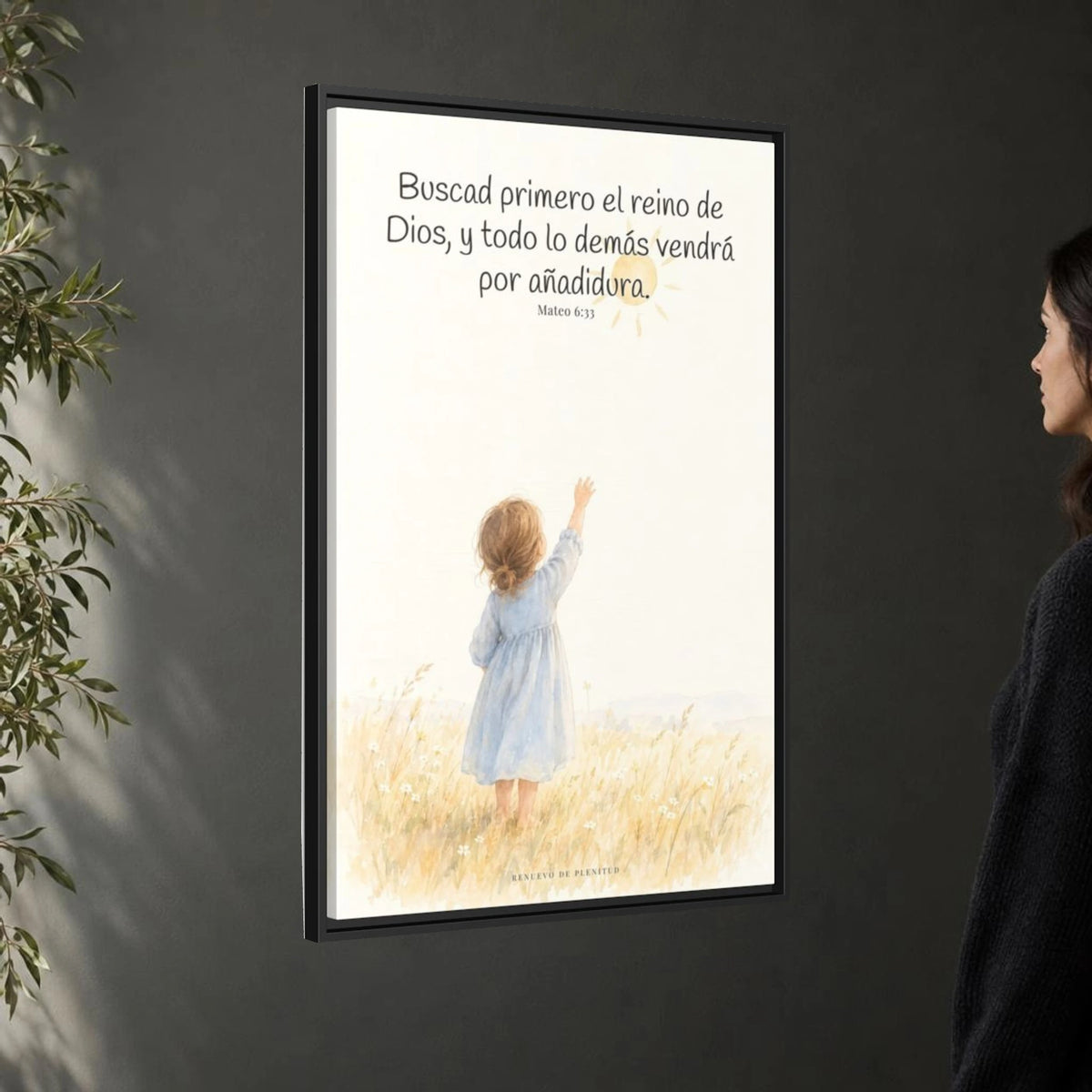 Buscad primero el reino de Dios — Lienzo Cristiano Enmarcado | Mateo 6:33 — 24×36 pulgadas, marco negro, vista angular ambiental del marco flotante, escala física calibrada