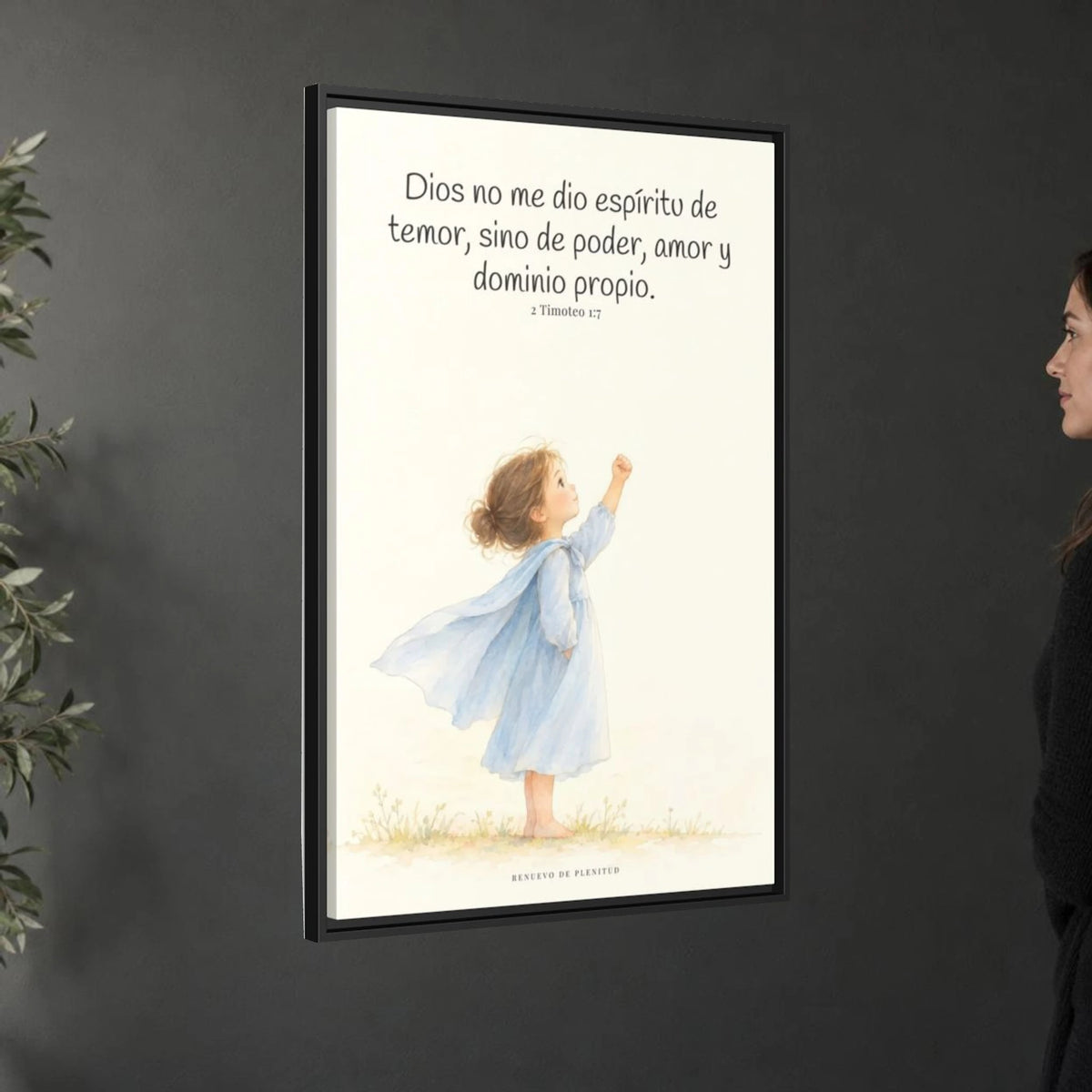 Dios me da un espíritu de poder y de amor — Lienzo Cristiano Enmarcado | 2 Timoteo 1:7 — 24×36 pulgadas, marco negro, vista angular ambiental del marco flotante, escala física calibrada