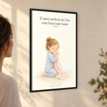 El amor perfecto de Dios echa fuera el temor — Lienzo Cristiano Enmarcado | 1 Juan 4:18 — 24×36 pulgadas, marco negro, vista angular ambiental del marco flotante, escala física calibrada