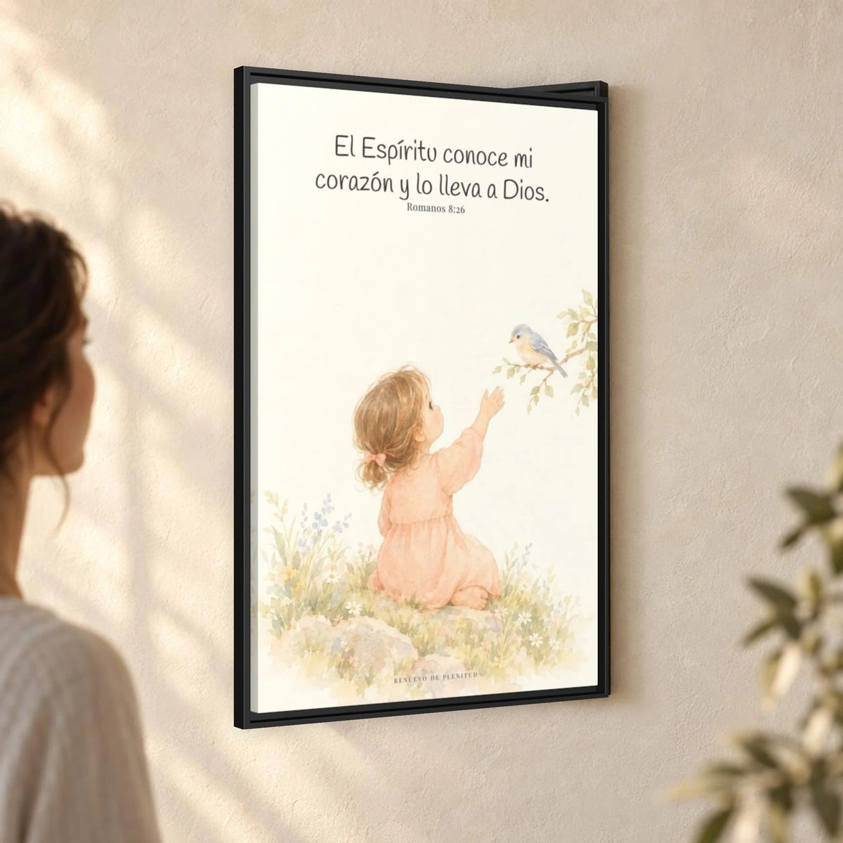 El Espíritu conoce lo que hay en mi corazón — Lienzo Cristiano Enmarcado | Romanos 8:26 — 24×36 pulgadas, marco negro, vista angular ambiental del marco flotante, escala física calibrada