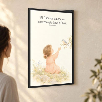 El Espíritu conoce lo que hay en mi corazón — Lienzo Cristiano Enmarcado | Romanos 8:26 — 24×36 pulgadas, marco negro, vista angular ambiental del marco flotante, escala física calibrada