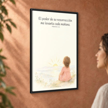 El poder de su resurrección me levanta — Lienzo Cristiano Enmarcado | Filipenses 3:10 — 24×36 pulgadas, marco negro, vista angular ambiental del marco flotante, escala física calibrada
