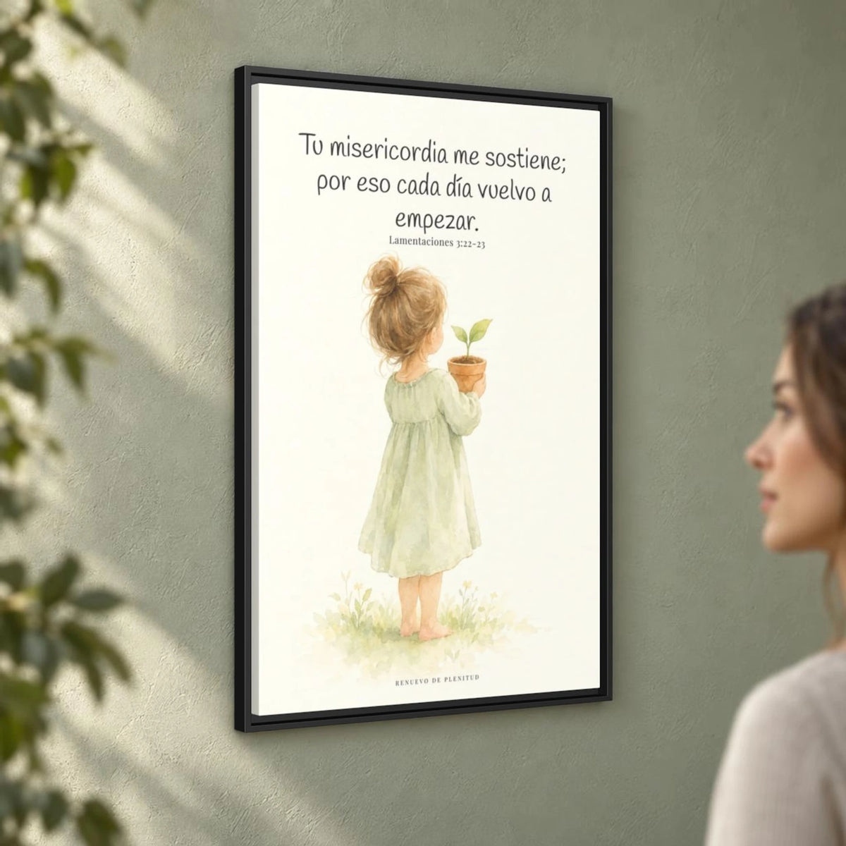 Por la misericordia de Jehová no fuimos consumidos — Lienzo Cristiano Enmarcado | Lamentaciones 3:22-23 — 24×36 pulgadas, marco negro, vista angular ambiental del marco flotante, escala física calibrada