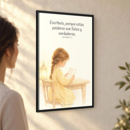 Estas palabras son fieles y verdaderas — Lienzo Cristiano Enmarcado | Apocalipsis 21:5 — 24×36 pulgadas, marco negro, vista angular ambiental del marco flotante, escala física calibrada