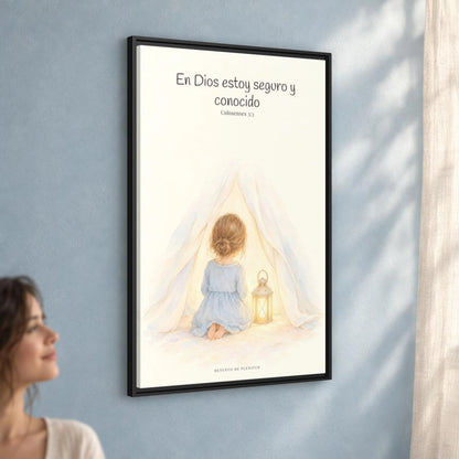 En Dios estoy seguro y conocido — Lienzo Cristiano Enmarcado | Colosenses 3:3 — 24×36 pulgadas, marco negro, vista angular ambiental del marco flotante, escala física calibrada