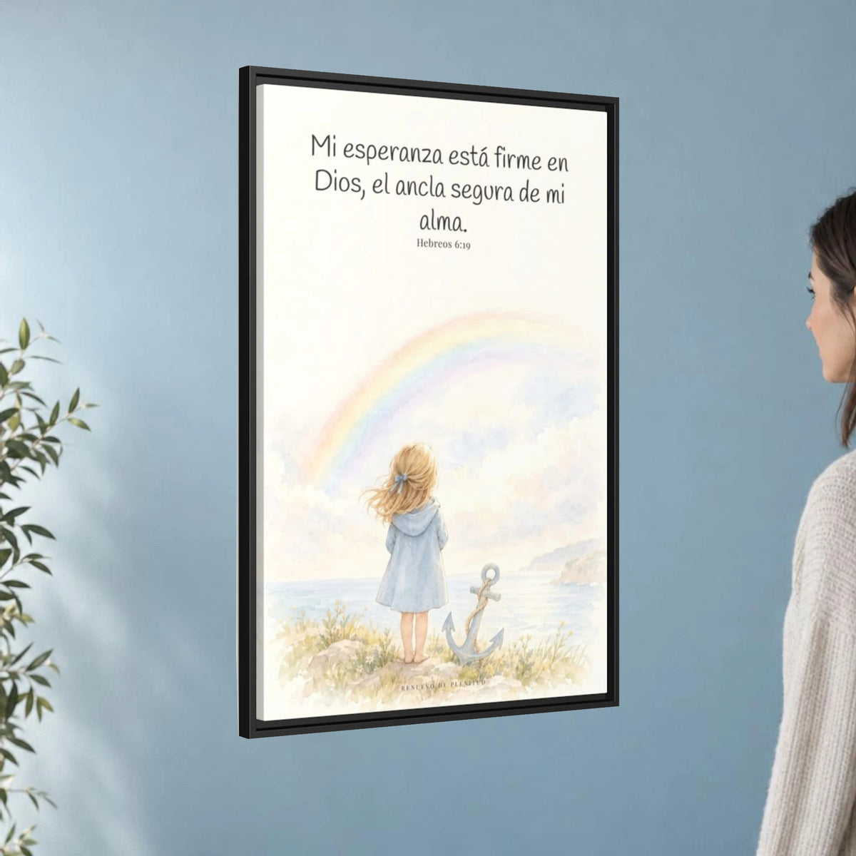Mi esperanza está firme en Dios — Lienzo Cristiano Enmarcado | Hebreos 6:19 — 24×36 pulgadas, marco negro, vista angular ambiental del marco flotante, escala física calibrada