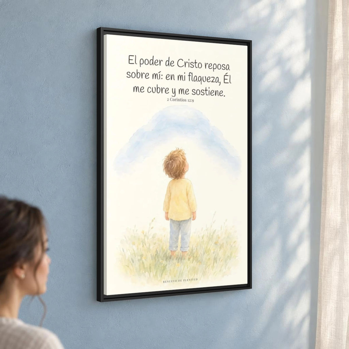 El poder de Cristo descansa sobre mí | Cuadro bíblico para el hogar | 2 Corintios 12:9 — 24×36 pulgadas, marco negro, vista angular ambiental del marco flotante, escala física calibrada
