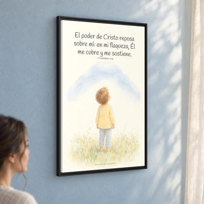 El poder de Cristo descansa sobre mí | Cuadro bíblico para el hogar | 2 Corintios 12:9 — 24×36 pulgadas, marco negro, vista angular ambiental del marco flotante, escala física calibrada