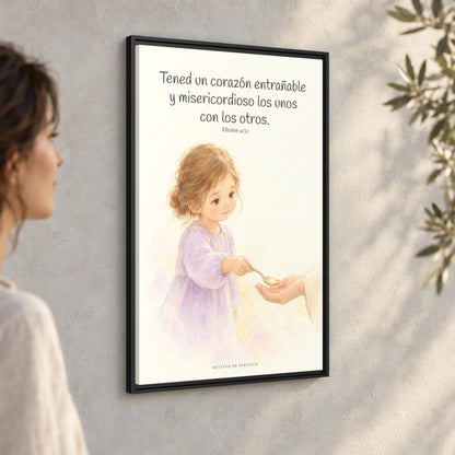 Tened un corazón entrañable — Lienzo Cristiano Enmarcado | Efesios 4:32 — 24×36 pulgadas, marco negro, vista angular ambiental del marco flotante, escala física calibrada