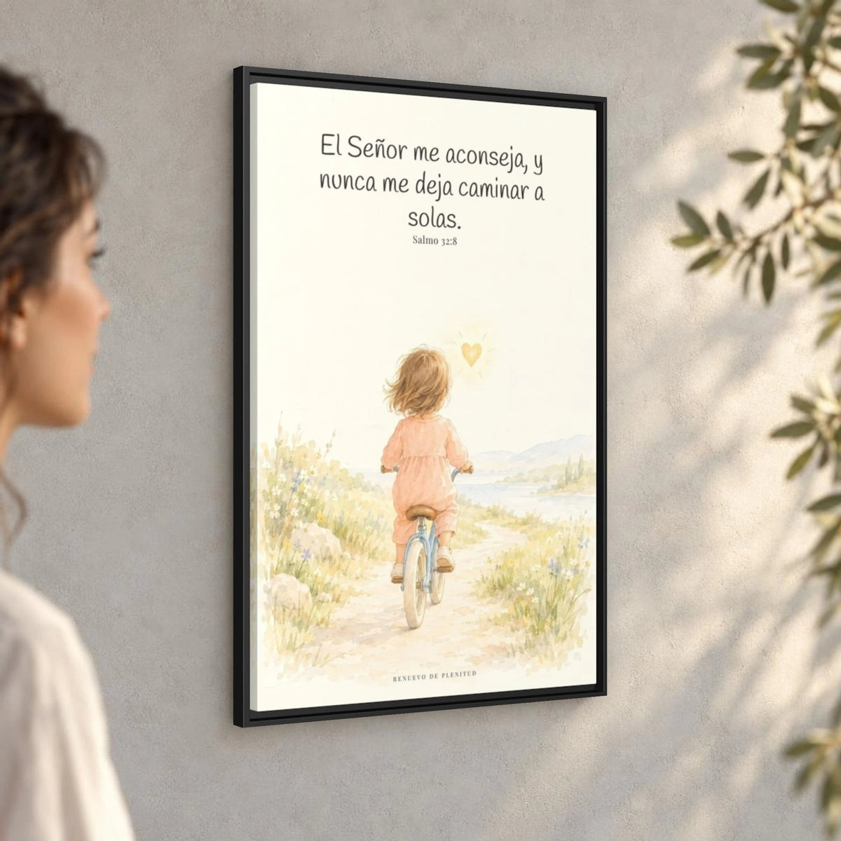 El Señor me aconseja con amor | Cuadro de fe enmarcado | Salmo 32:8 — 24×36 pulgadas, marco negro, vista angular ambiental del marco flotante, escala física calibrada