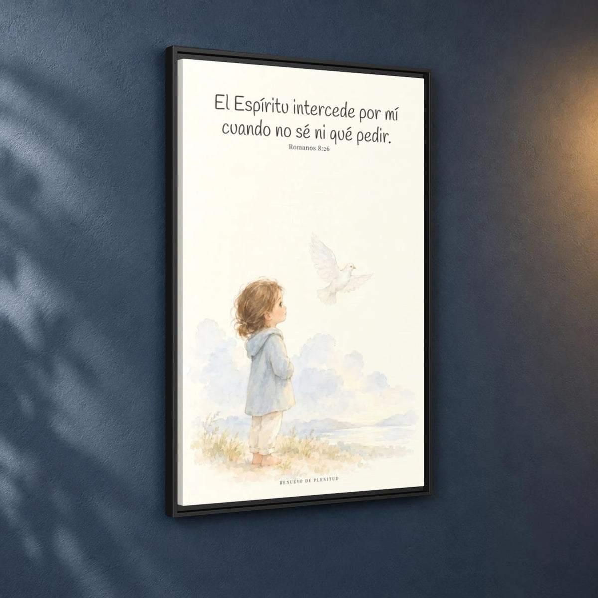El Espíritu ora por mí cuando no tengo palabras — Lienzo Cristiano Enmarcado | Romanos 8:26 — 24×36 pulgadas, marco negro, vista angular ambiental del marco flotante, escala física calibrada