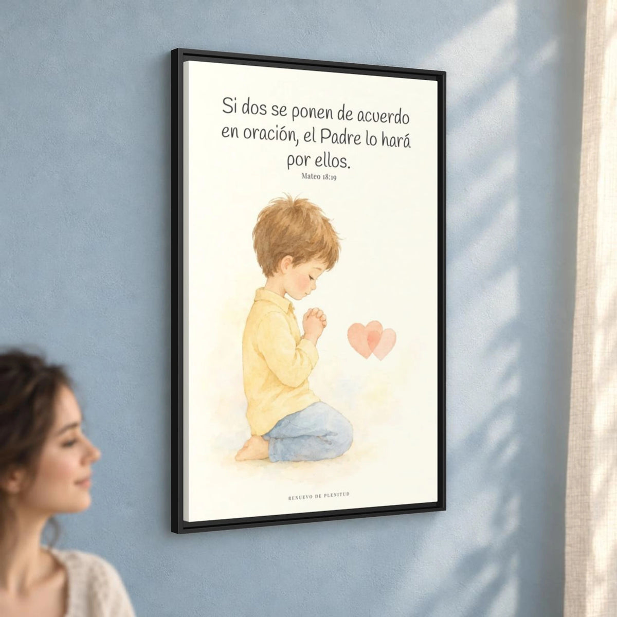 Donde dos se ponen de acuerdo | Cuadro de fe enmarcado | Mateo 18:19 — 24×36 pulgadas, marco negro, vista angular ambiental del marco flotante, escala física calibrada