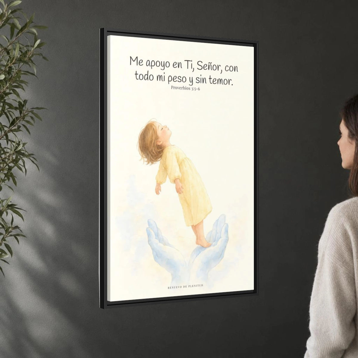 En Jehová confío de todo corazón — Lienzo Cristiano Enmarcado | Proverbios 3:5-6 — 24×36 pulgadas, marco negro, vista angular ambiental del marco flotante, escala física calibrada