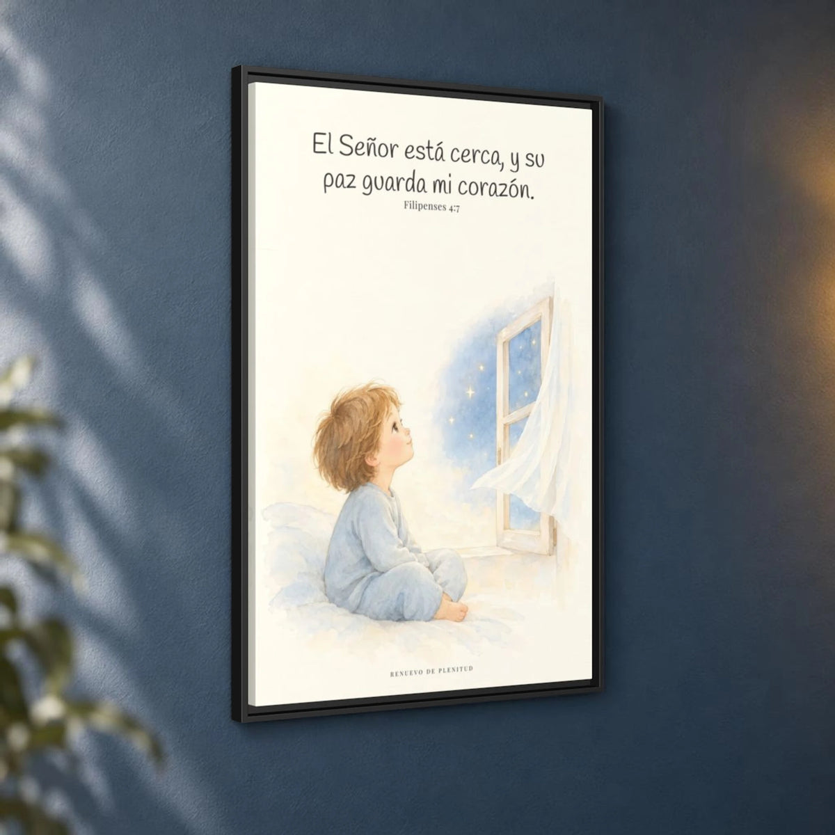 El Señor está cerca de mí | Lienzo bíblico para el hogar | Filipenses 4:7 — 24×36 pulgadas, marco negro, vista angular ambiental del marco flotante, escala física calibrada