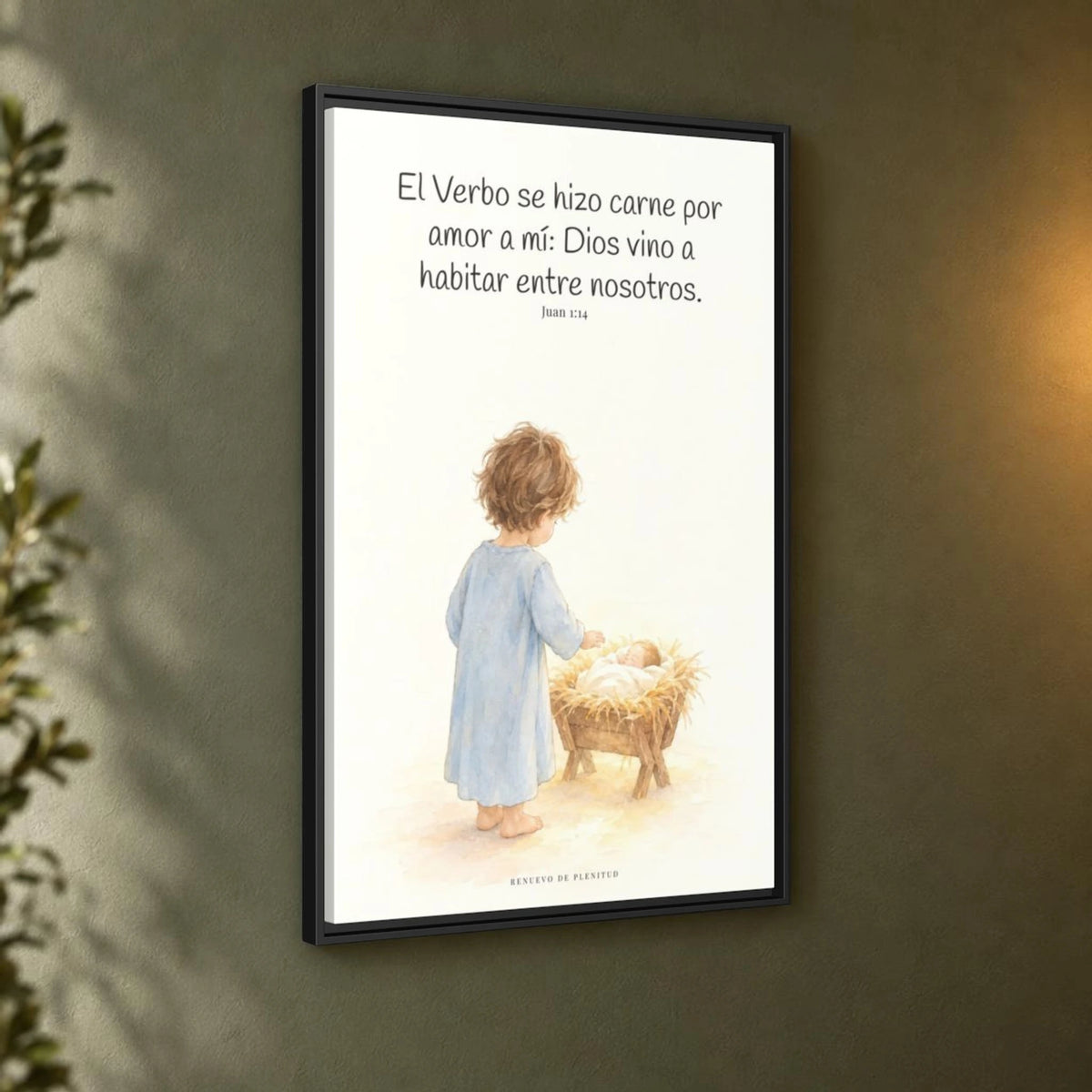 El Verbo se hizo carne por amor a mí — Lienzo Cristiano Enmarcado | Juan 1:14 — 24×36 pulgadas, marco negro, vista angular ambiental del marco flotante, escala física calibrada