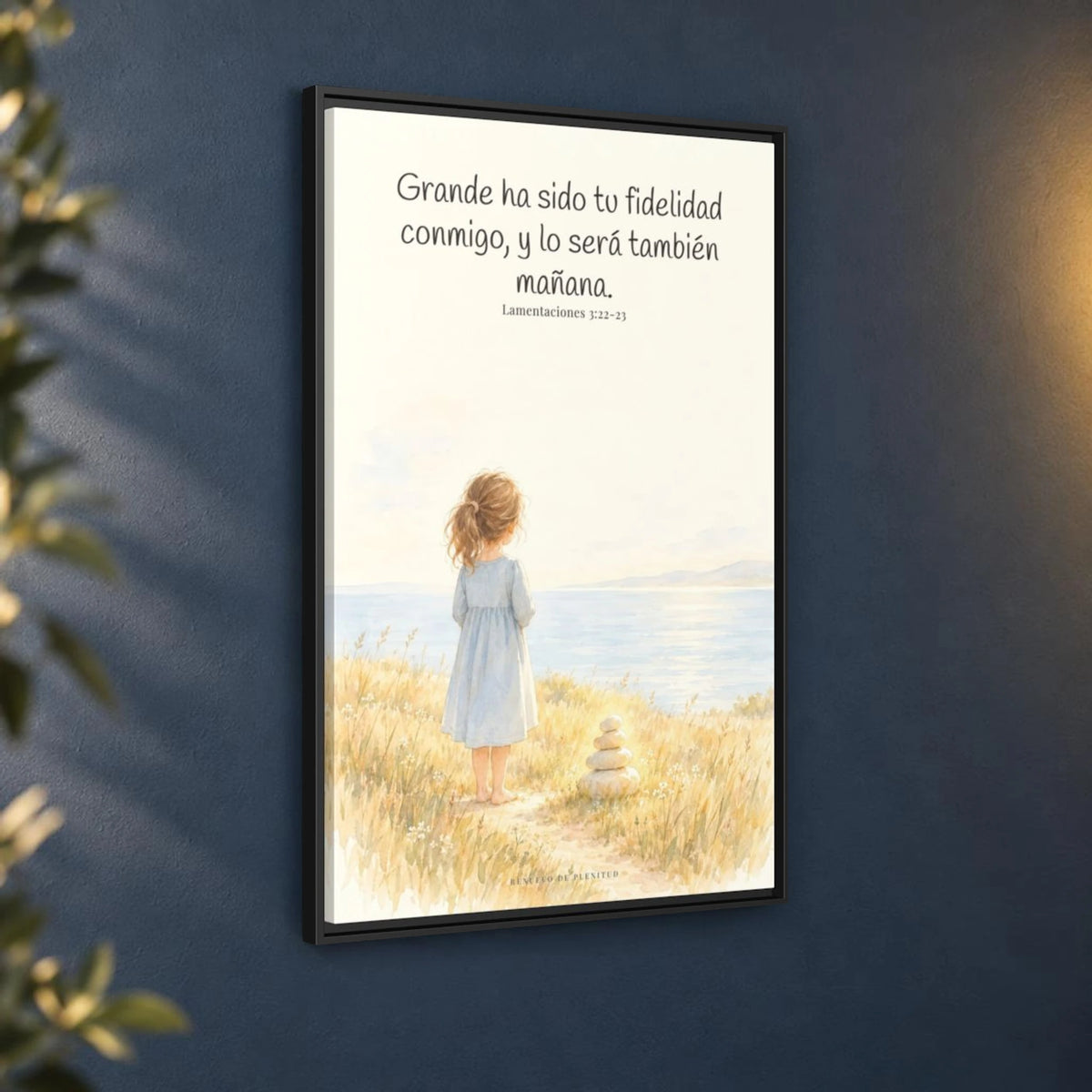Grande ha sido tu fidelidad, Señor — Lienzo Cristiano Enmarcado | Lamentaciones 3:22-23 — 24×36 pulgadas, marco negro, vista angular ambiental del marco flotante, escala física calibrada