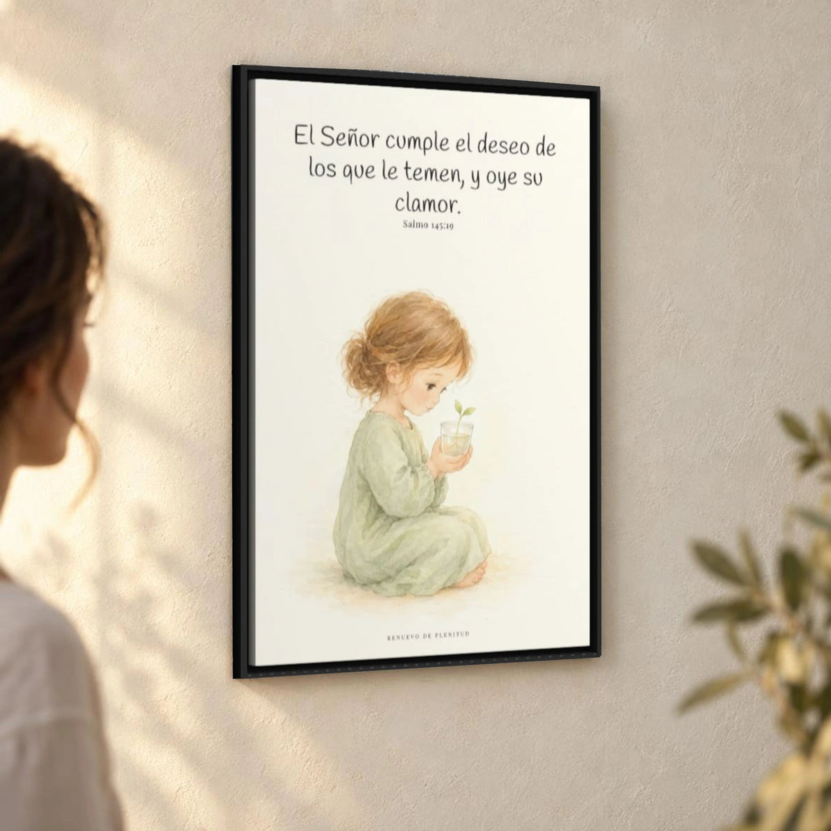 El Señor cumple el deseo de los que le temen | Cuadro de fe enmarcado | Salmo 145:19 — 24×36 pulgadas, marco negro, vista angular ambiental del marco flotante, escala física calibrada