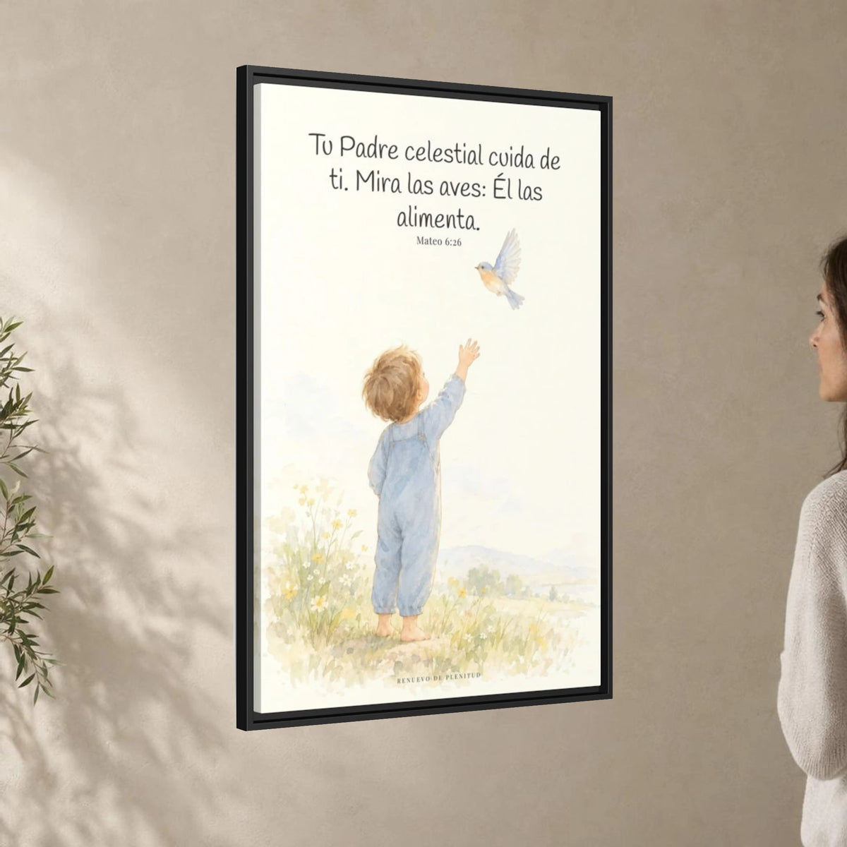 Tu Padre celestial cuida de mí — Lienzo Cristiano Enmarcado | Mateo 6:26 — 24×36 pulgadas, marco negro, vista angular ambiental del marco flotante, escala física calibrada