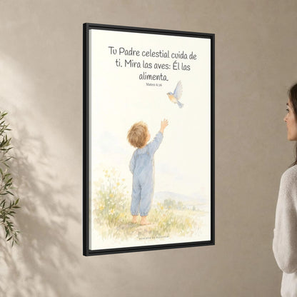 Tu Padre celestial cuida de mí — Lienzo Cristiano Enmarcado | Mateo 6:26 — 24×36 pulgadas, marco negro, vista angular ambiental del marco flotante, escala física calibrada