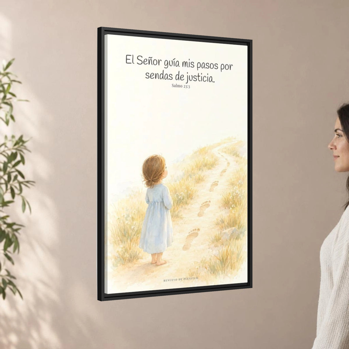 El Señor guía mis pasos — Lienzo Cristiano Enmarcado | Salmo 23:3 — 24×36 pulgadas, marco negro, vista angular ambiental del marco flotante, escala física calibrada