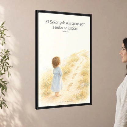 El Señor guía mis pasos — Lienzo Cristiano Enmarcado | Salmo 23:3 — 24×36 pulgadas, marco negro, vista angular ambiental del marco flotante, escala física calibrada