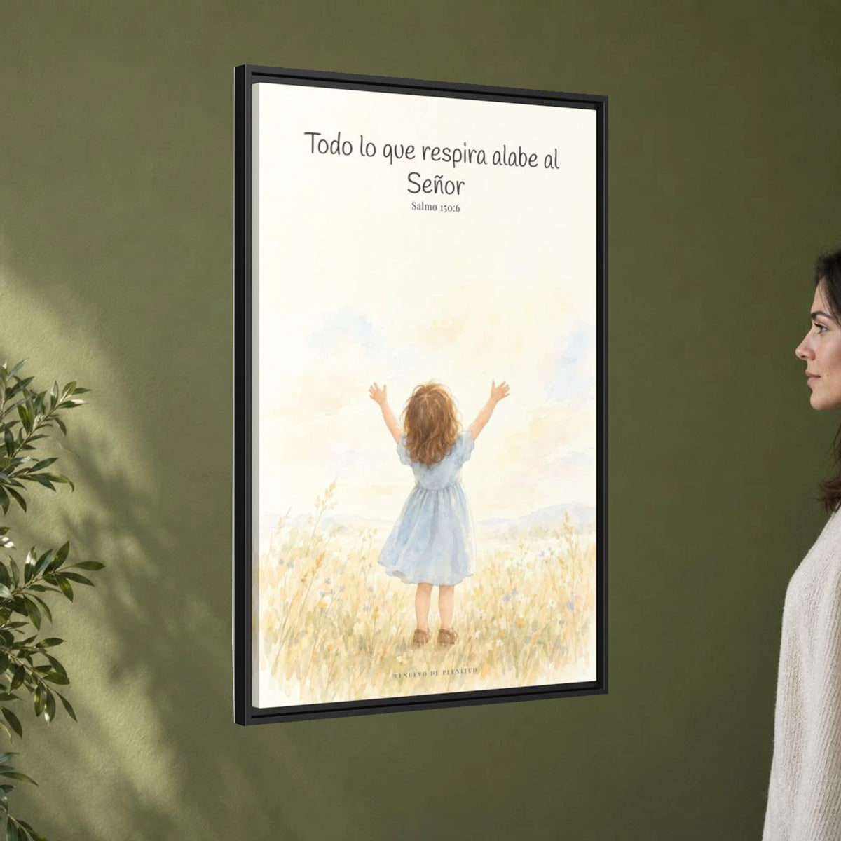 Todo lo que respira alabe a Jehová — Lienzo Cristiano Enmarcado | Salmo 150:6 — 24×36 pulgadas, marco negro, vista angular ambiental del marco flotante, escala física calibrada