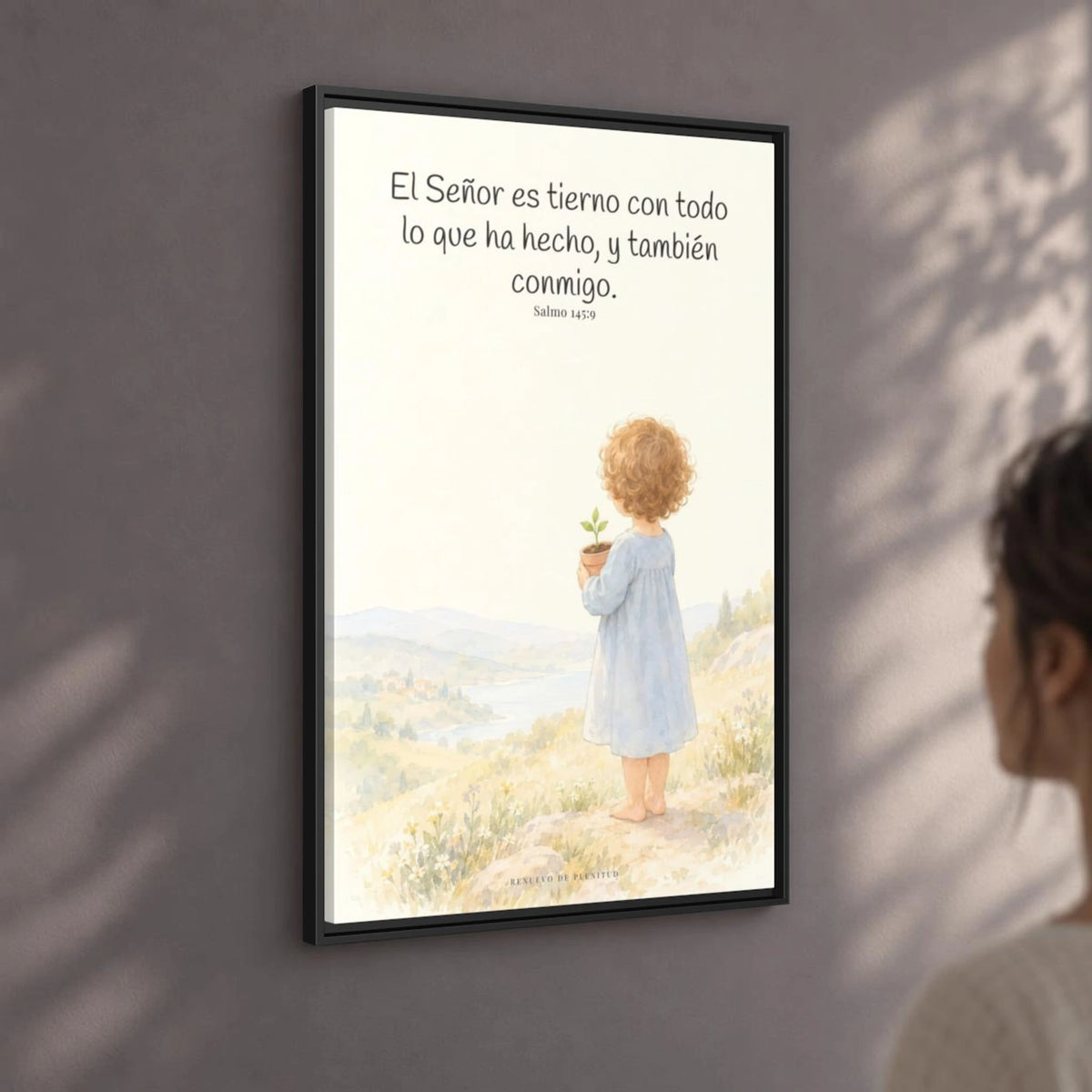 El Señor es tierno con todo lo que ha hecho | Cuadro de inspiración bíblica | Salmo 145:9 — 24×36 pulgadas, marco negro, vista angular ambiental del marco flotante, escala física calibrada
